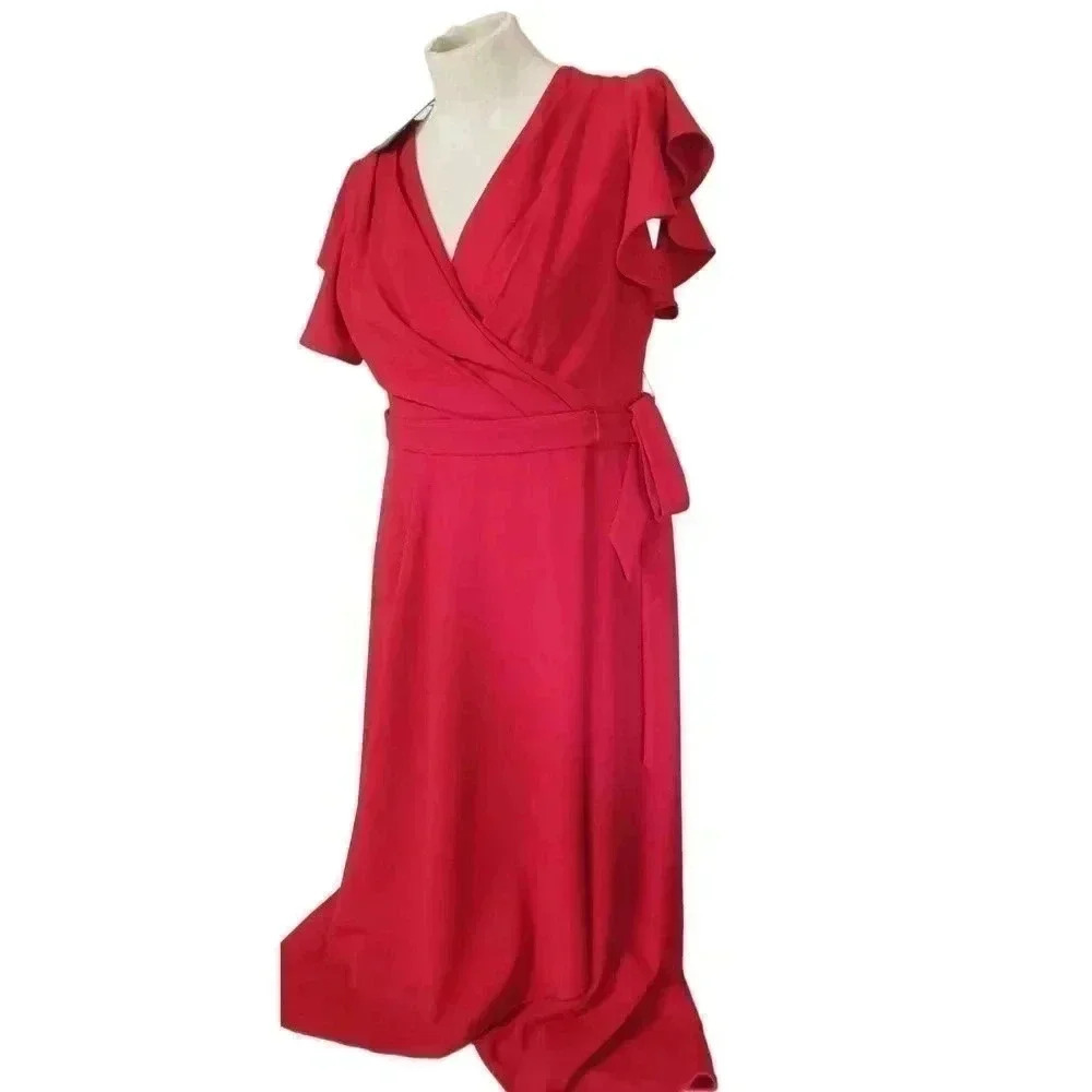 DKNY flutter sleeve v-neck tie waist fit & flare dress women size 8 new with tag - Picture 6 of 6